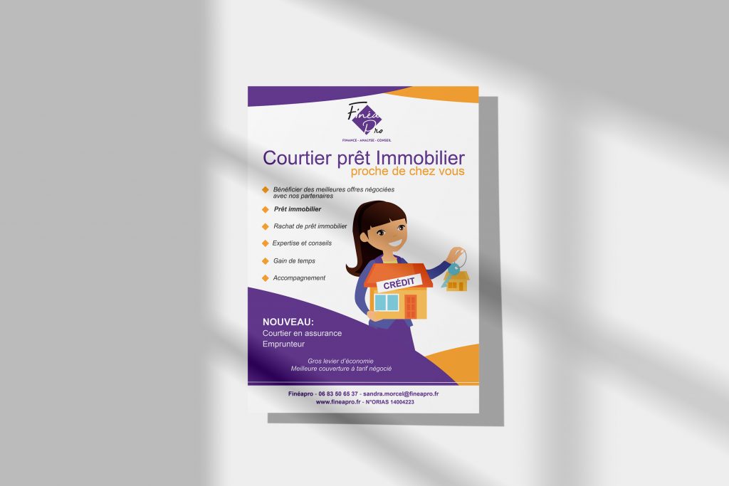 FLYER COURTIER EN ASSURANCE, illustration mise en page, support de communication imprimé.