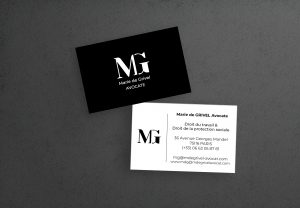 Identité visuelle institutionnel avocate droit du travail noir&blanc. Création logo et carte de visite.